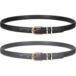 2 Pack Women's Skinny Leather Belts Black Gray Thin Faux with Gold Buckle